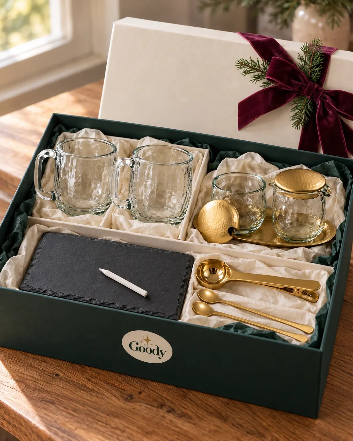 The Home Café Edit box open on a wood table: two pebbled glass mugs, the sugar and creamer set under brass lids on its tray, two long brass spoons, a brass scoop and the slate board with its pencil, under a cream lid tied with burgundy velvet and pine