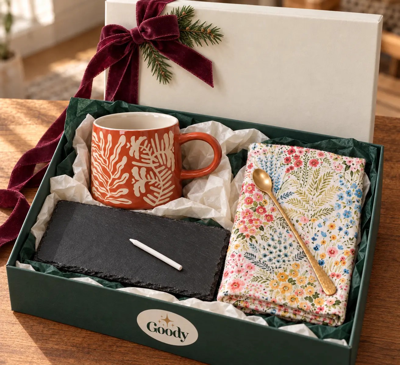 The Slow Morning Brew box open on a wood table: the rust hand-painted stoneware mug, the folded floral cotton towel with a brass stirring spoon resting on it, and the slate board with its soapstone pencil, under a cream lid tied with burgundy velvet and pine