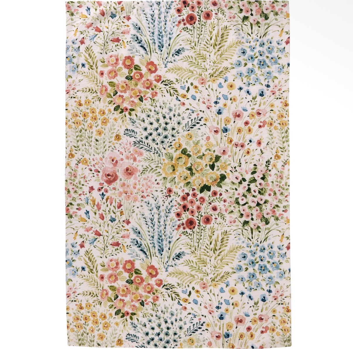 Printed floral cotton tea towel laid flat