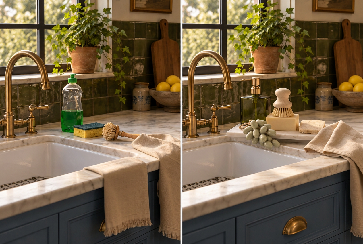 The same kitchen sink side by side — before, and after the Sink Side box