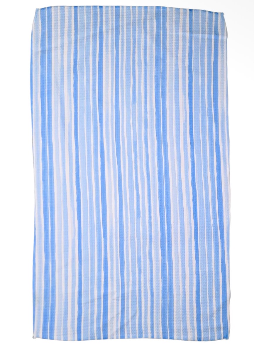 Hand-printed blue-stripe waffle weave tea towel