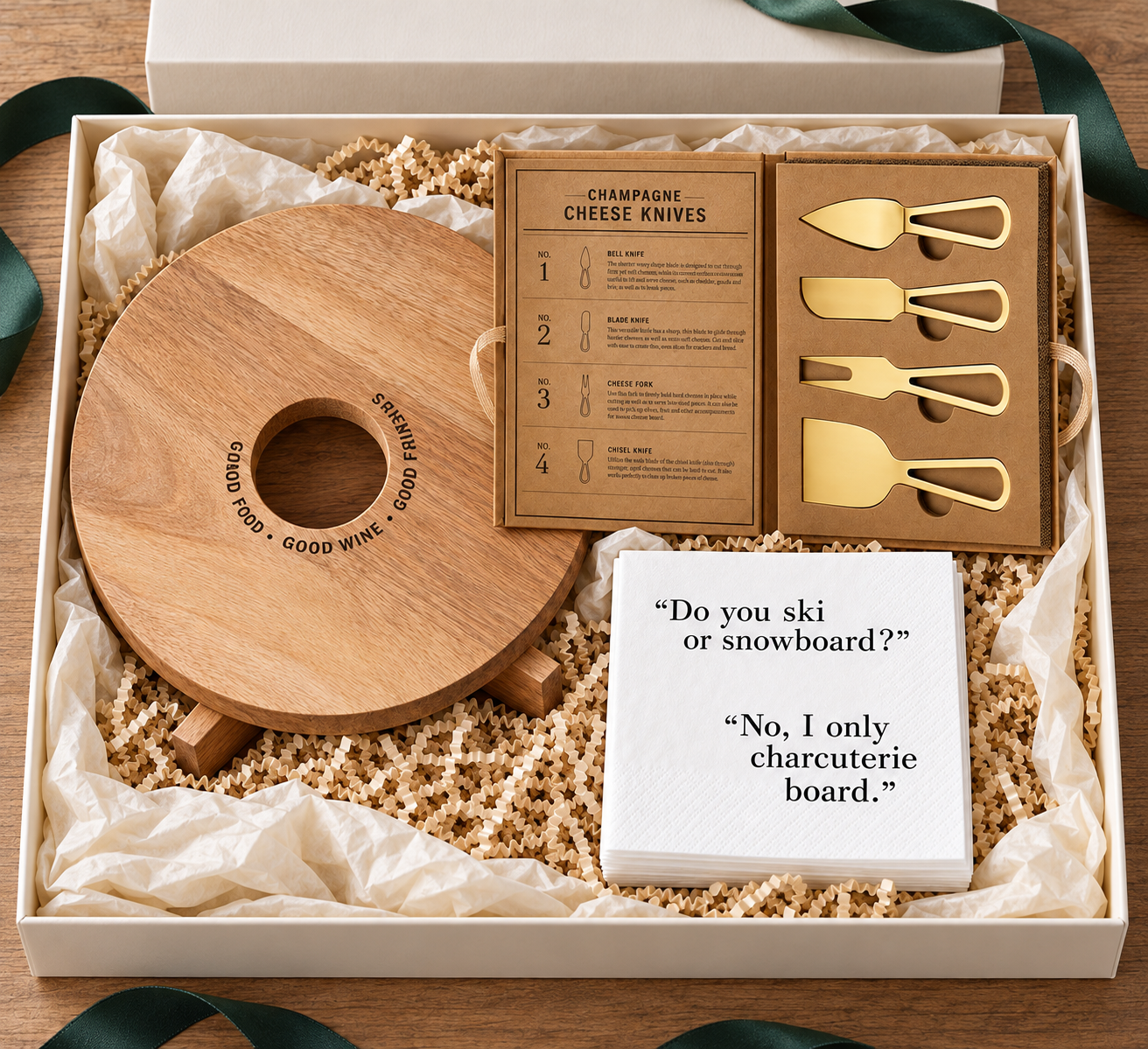 The Board Meeting curated holiday box with mango wood wine board, gold cheese knives and charcuterie napkins in a box with green ribbon