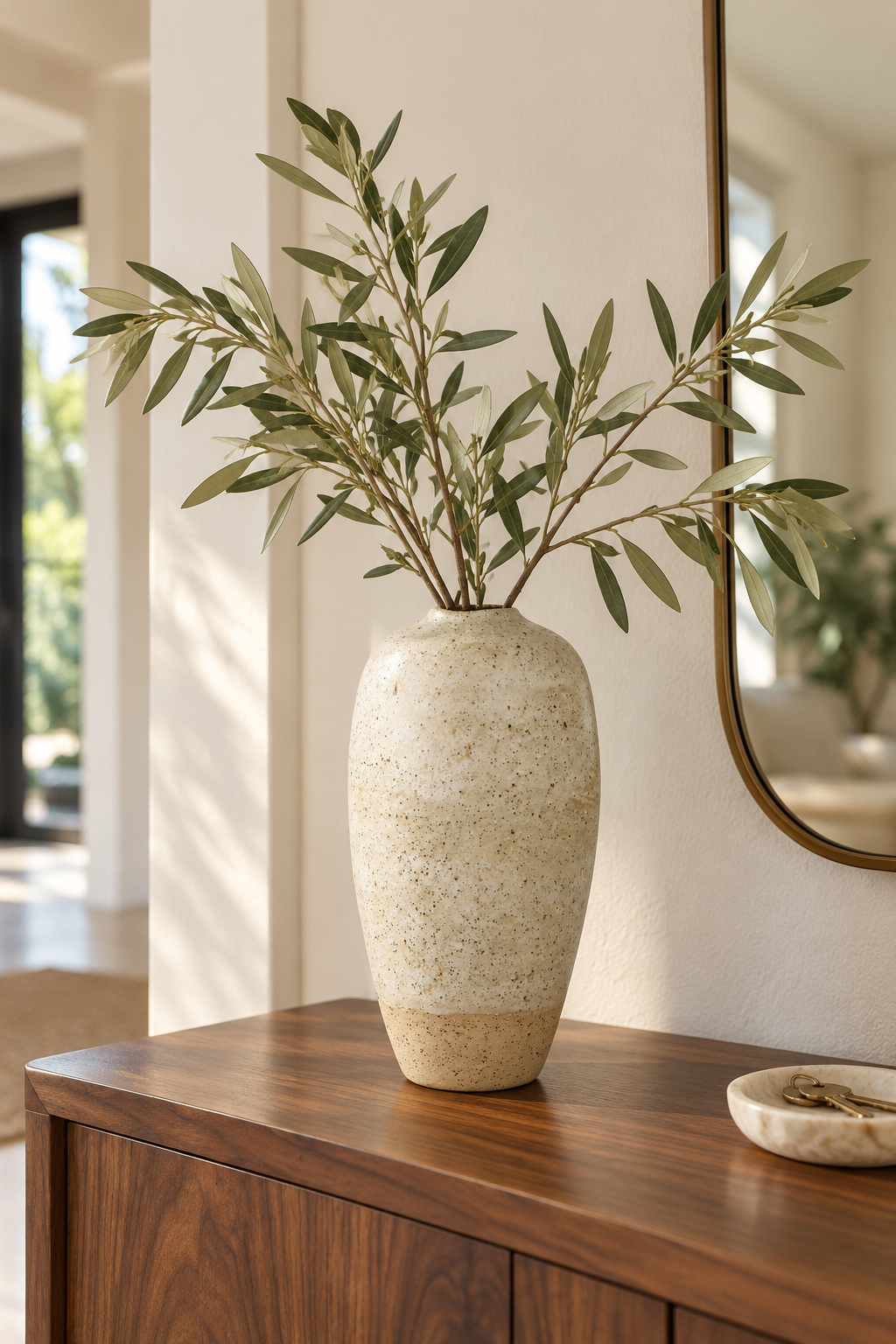 Tall speckled ceramic vase filled with faux olive stems on a wooden console beside a round mirror