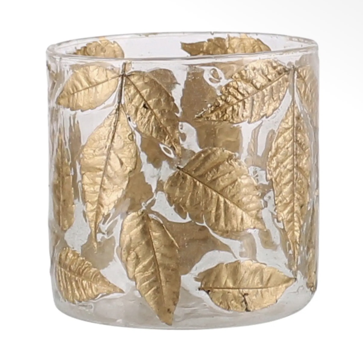 Clear glass hurricane with enameled gold leaves