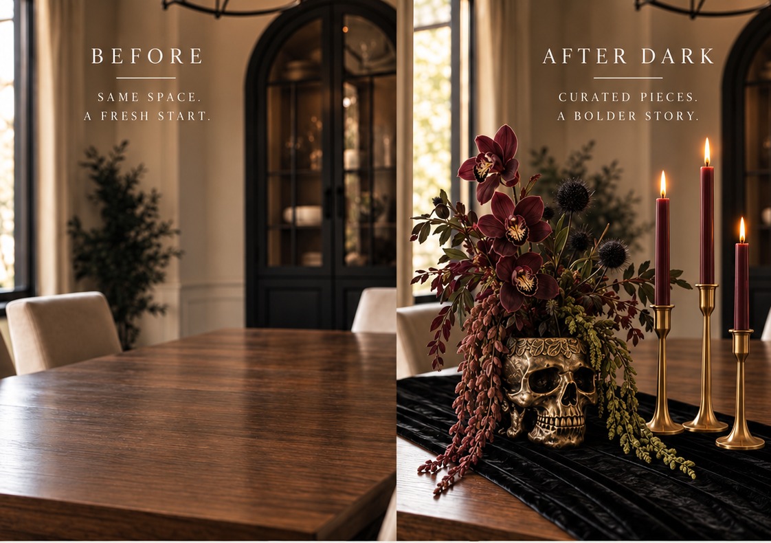 The full dining table before and after the updated After Dark floral edit