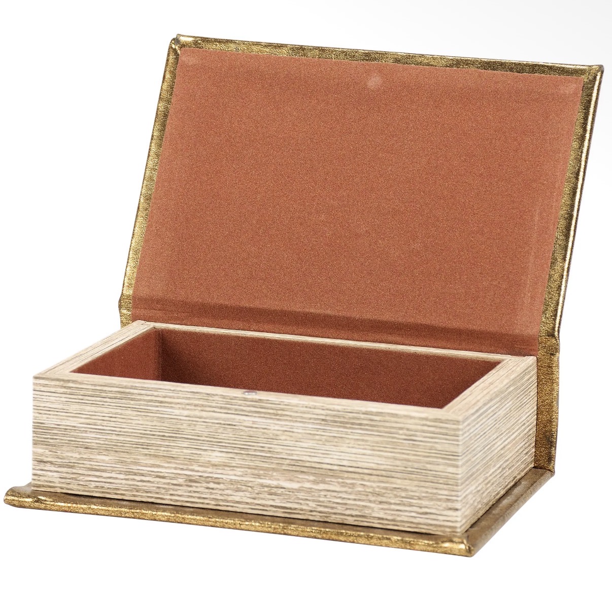Actual open book box with rust-colored lining and pale page-style sides