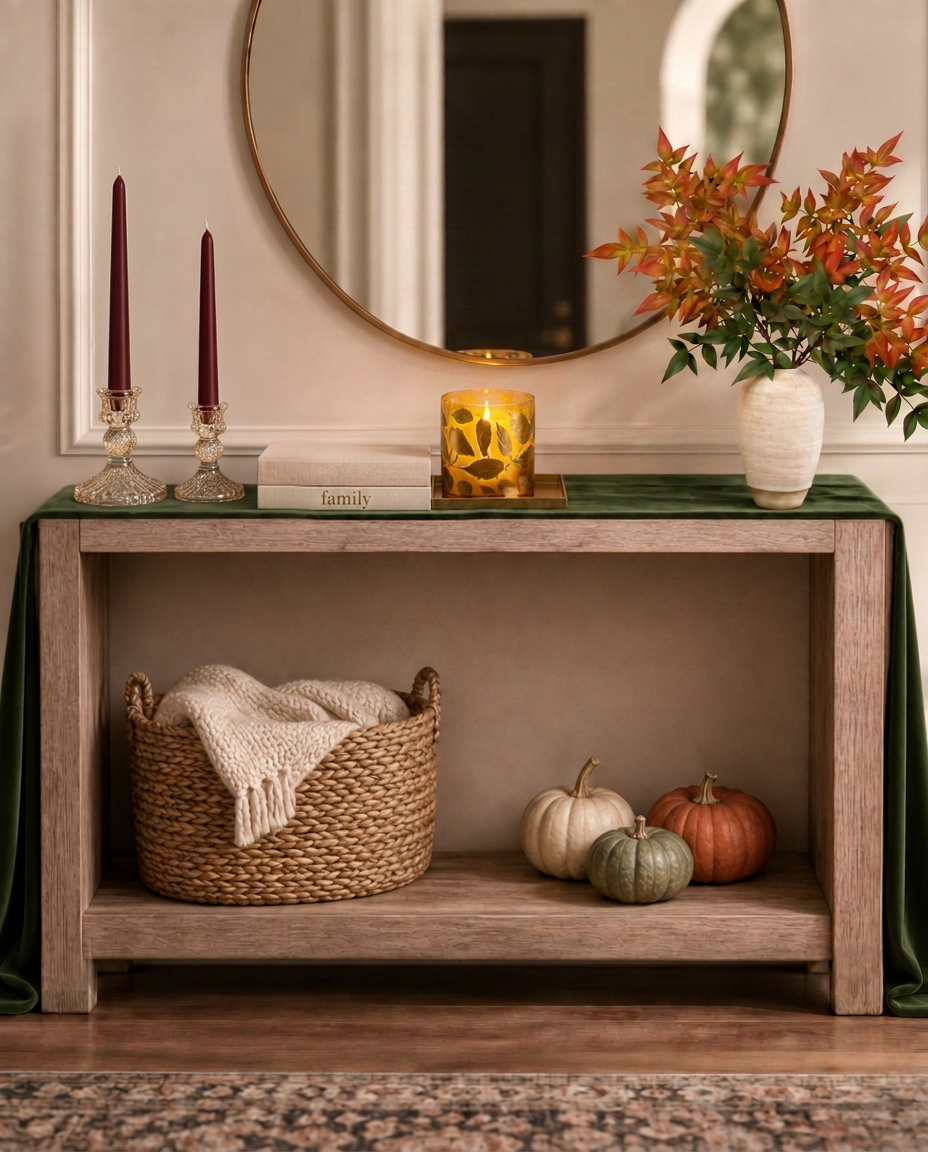 The finished Golden Hour entry console styled with burgundy tapers, glass candlestick holders, a gold hurricane, emerald runner, cream vase, books, basket, and pumpkins