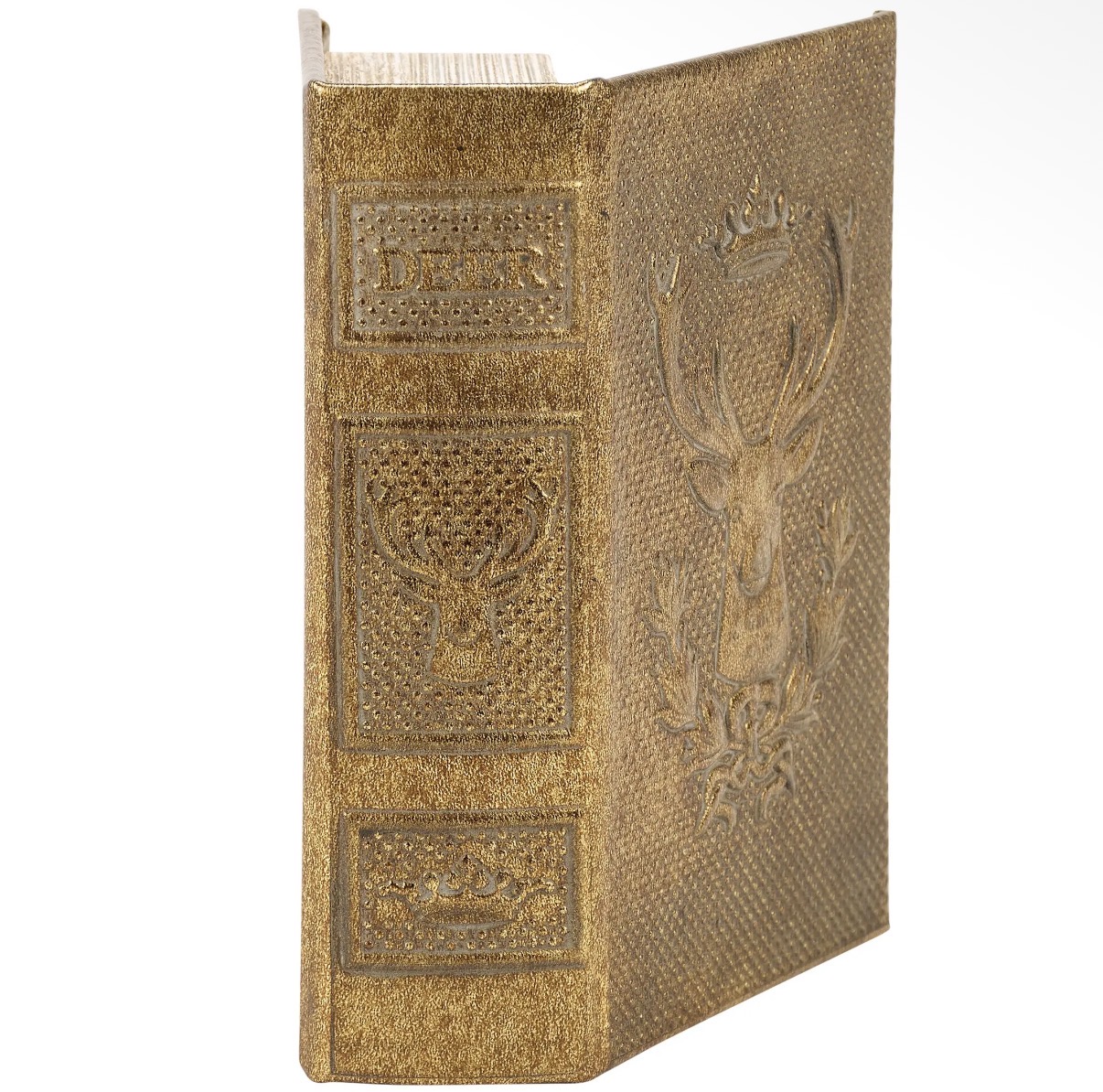 Actual gold deer book box exterior with embossed deer and textured gold cover