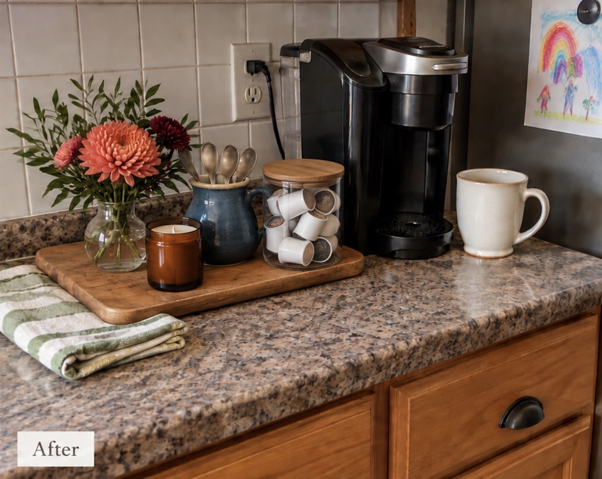 A styled kitchen coffee corner with a wooden cutting board, amber candle, pitcher of spoons and coral flowers