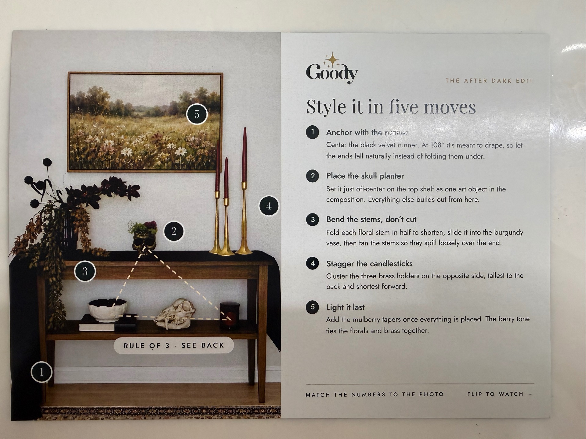 The printed After Dark styling card — a numbered photo of the styled console with five styling steps