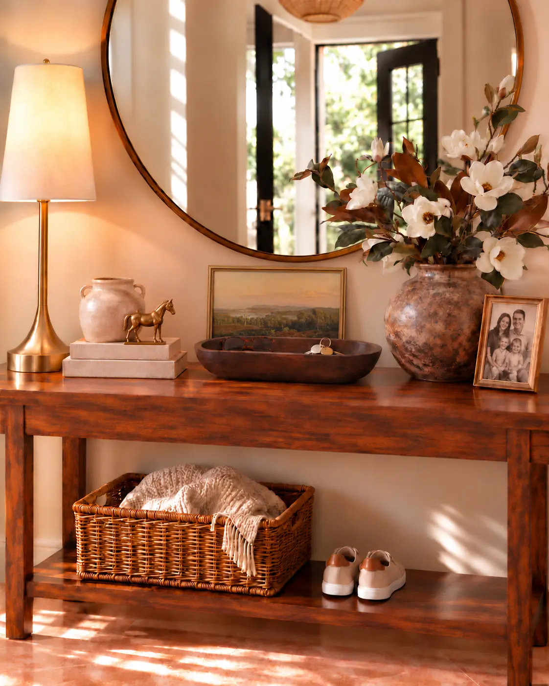 Concept rendering of the Magnolia Console Edit with antique-brass framed landscape, magnolia arrangement, bronze-finish horse, cream vase, linen books, dough bowl and photo frame; optional brass lamp shown