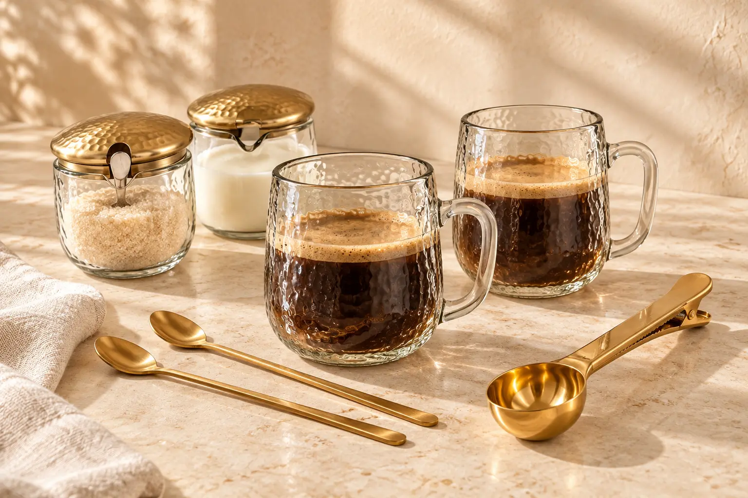 Two recycled-glass mugs of coffee with brass-lidded sugar and creamer jars, two long brass spoons and the included brass bag clip and scoop on a sunlit stone counter; linen is a styling prop