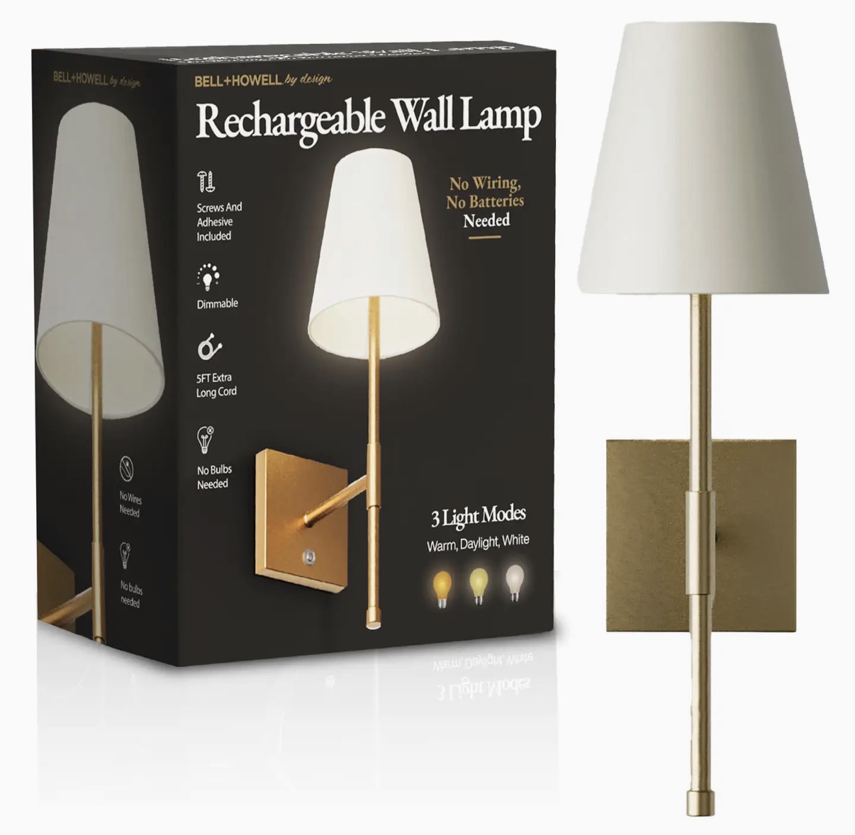 Rechargeable brass wall sconce with white fabric shade beside its Bell + Howell box