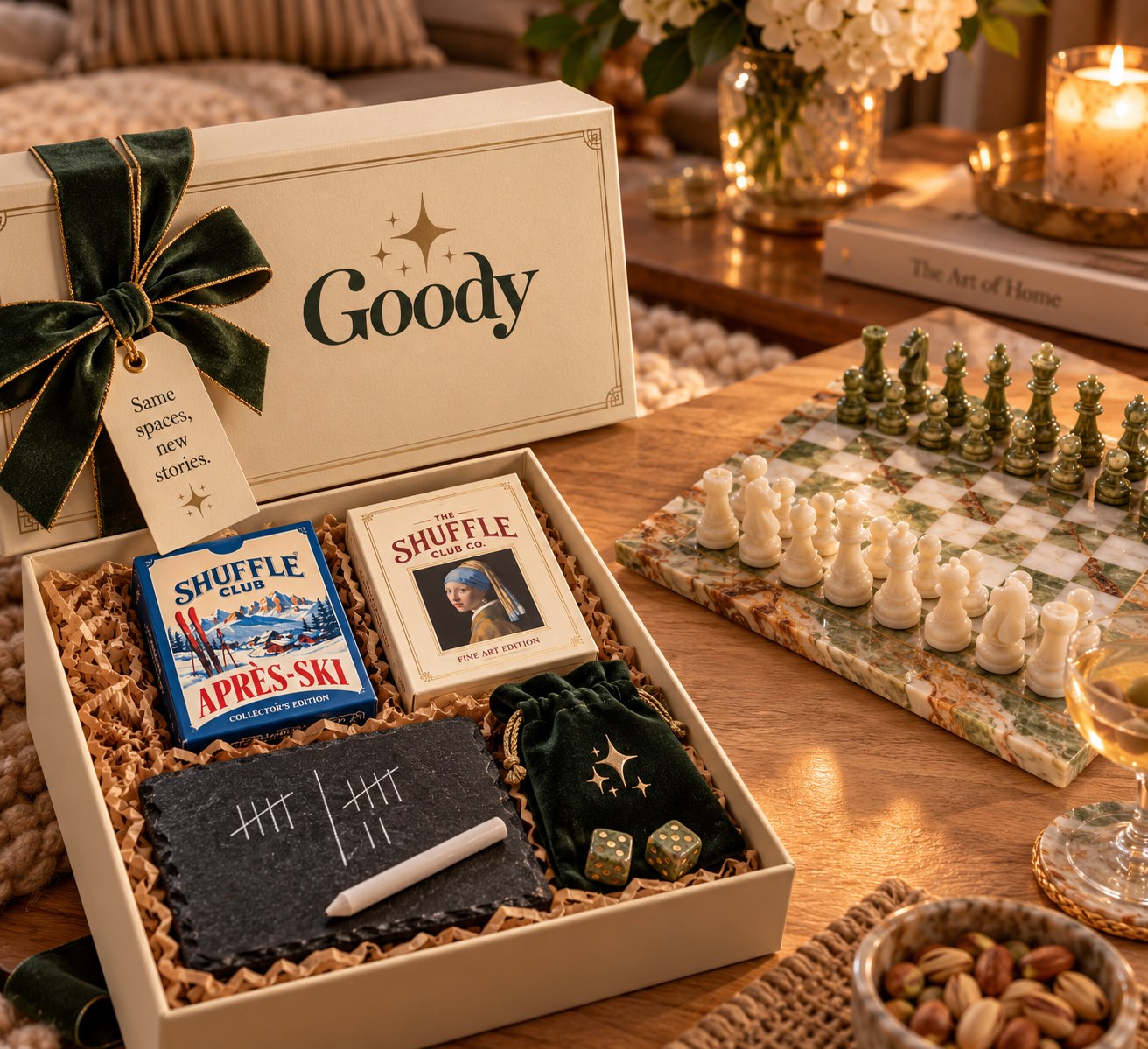 The Game Night box with Shuffle Club playing cards, a slate scoreboard and mineral dice in a velvet pouch, tied with a green velvet ribbon