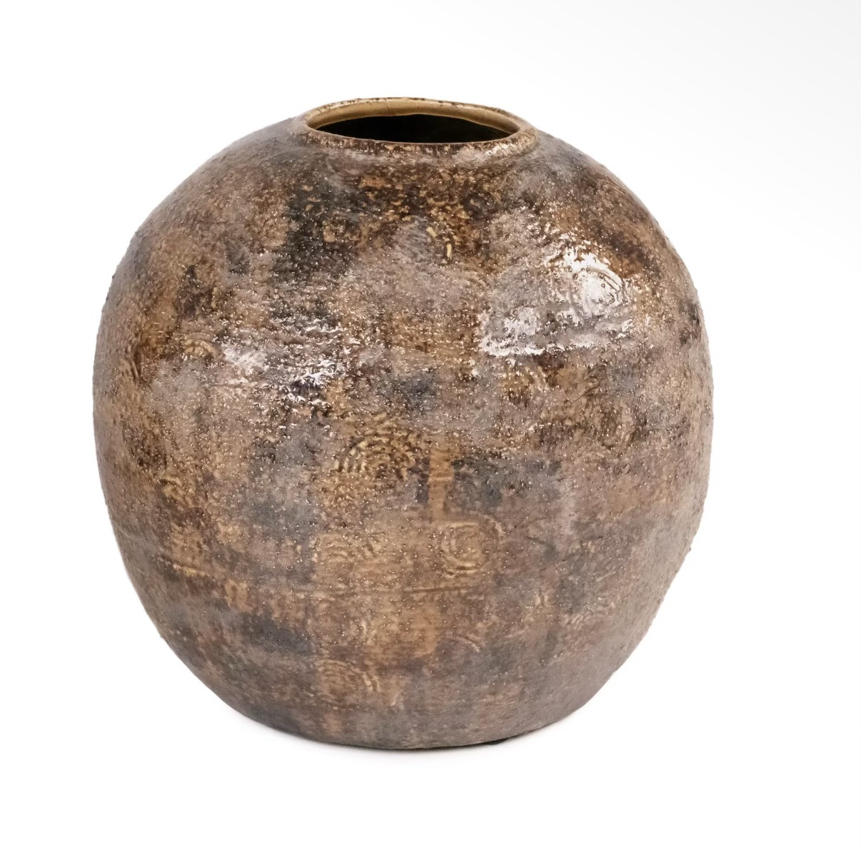 Round distressed-stone vase with a mottled warm finish