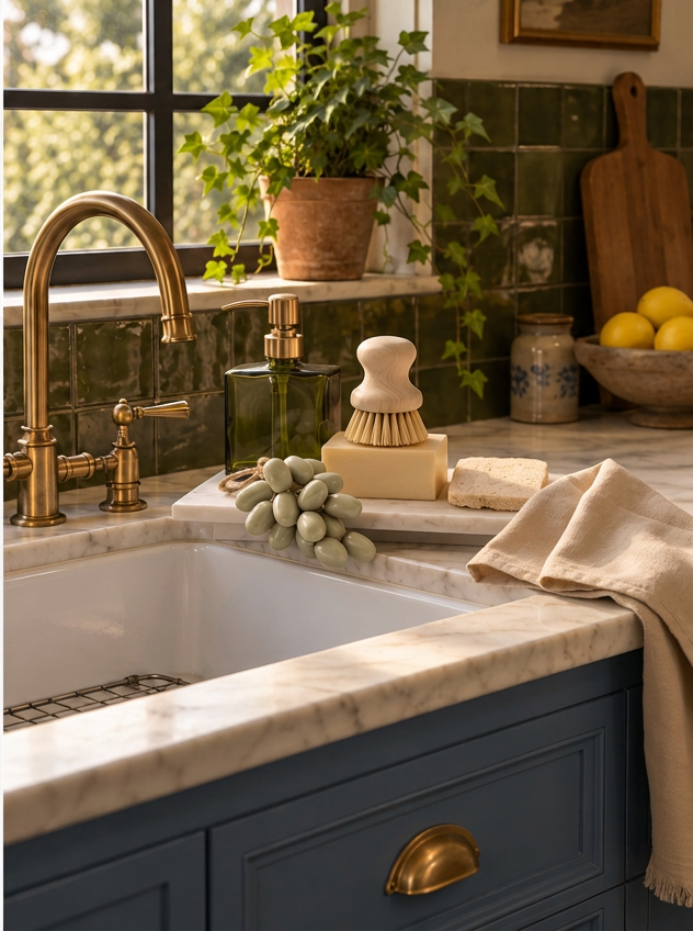 The same kitchen sink styled with the Sink Side box on a marble riser