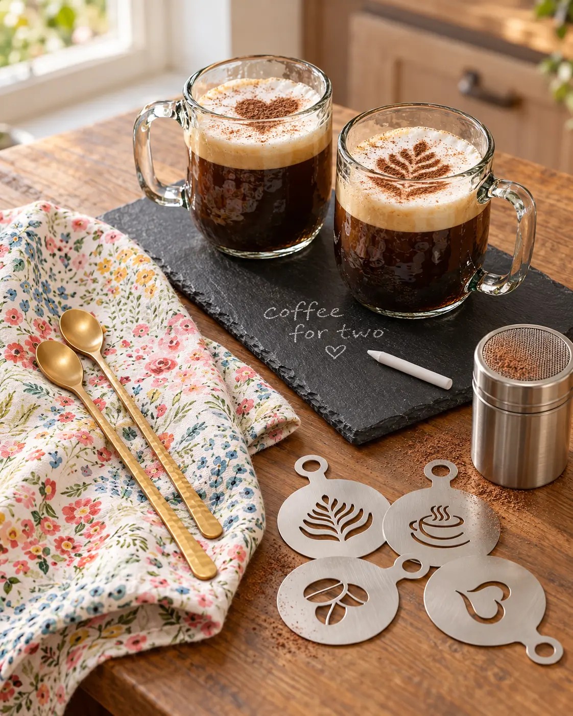 Two pebbled glass mugs of coffee with cocoa-dusted foam resting on a black slate board, the floral cotton towel and two long brass spoons beside it on a sunlit wood table