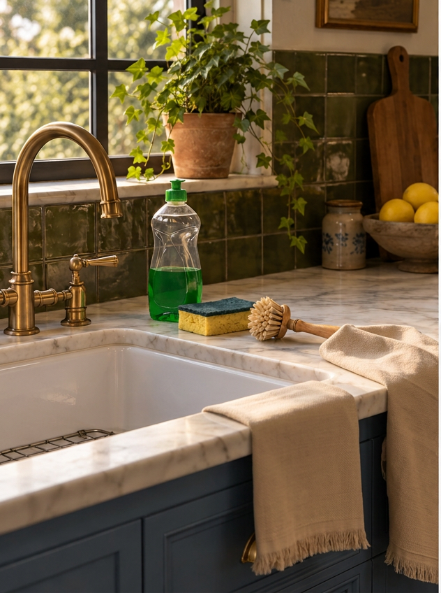 A lived-in marble kitchen sink with a dish-soap bottle, sponge and brush before styling