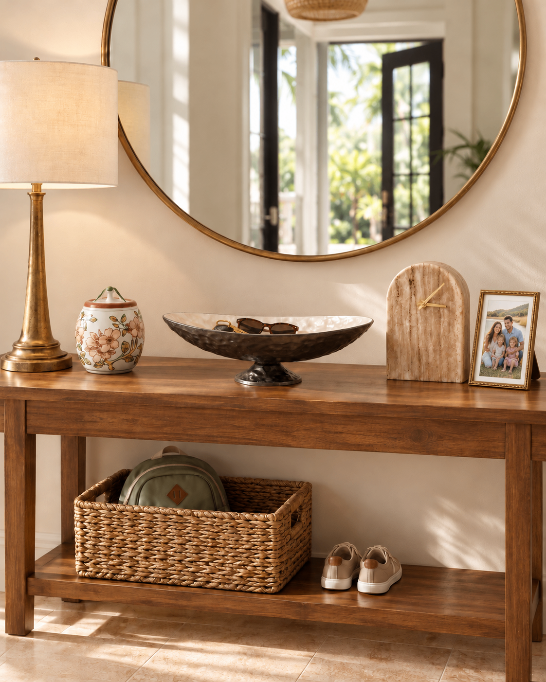 The Entryway Edit styled on a wooden console with a marble arch clock, hammered pedestal bowl and floral peony candle beside the lamp