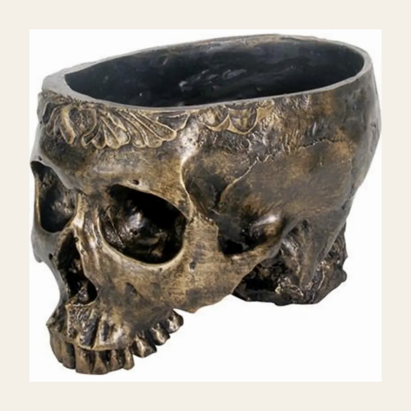 Antique-brass skull planter with an aged metallic finish