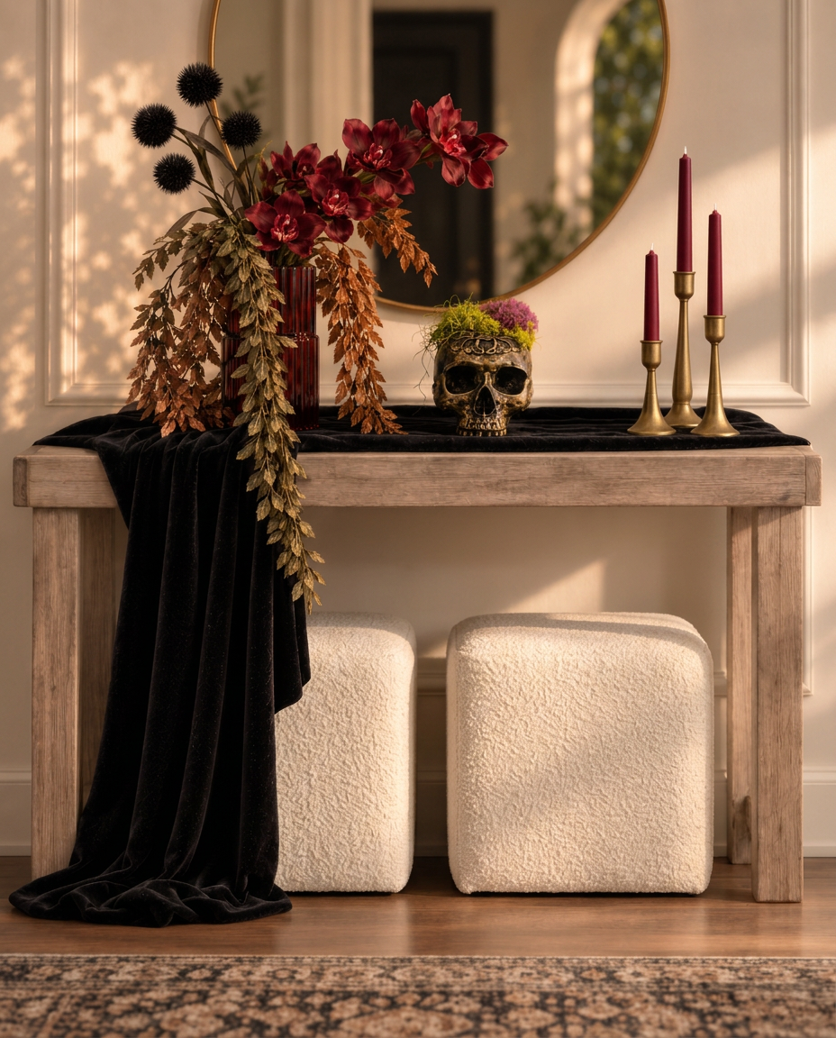 The same console styled with the After Dark box — black velvet runner, brass candlesticks, mulberry tapers, burgundy florals and a moss-filled skull planter