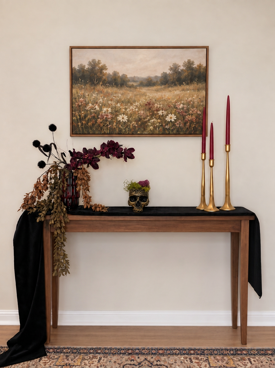 The wooden console styled with the After Dark box — black velvet runner, brass candlesticks, lit red tapers, plum florals and a moss-filled skull planter
