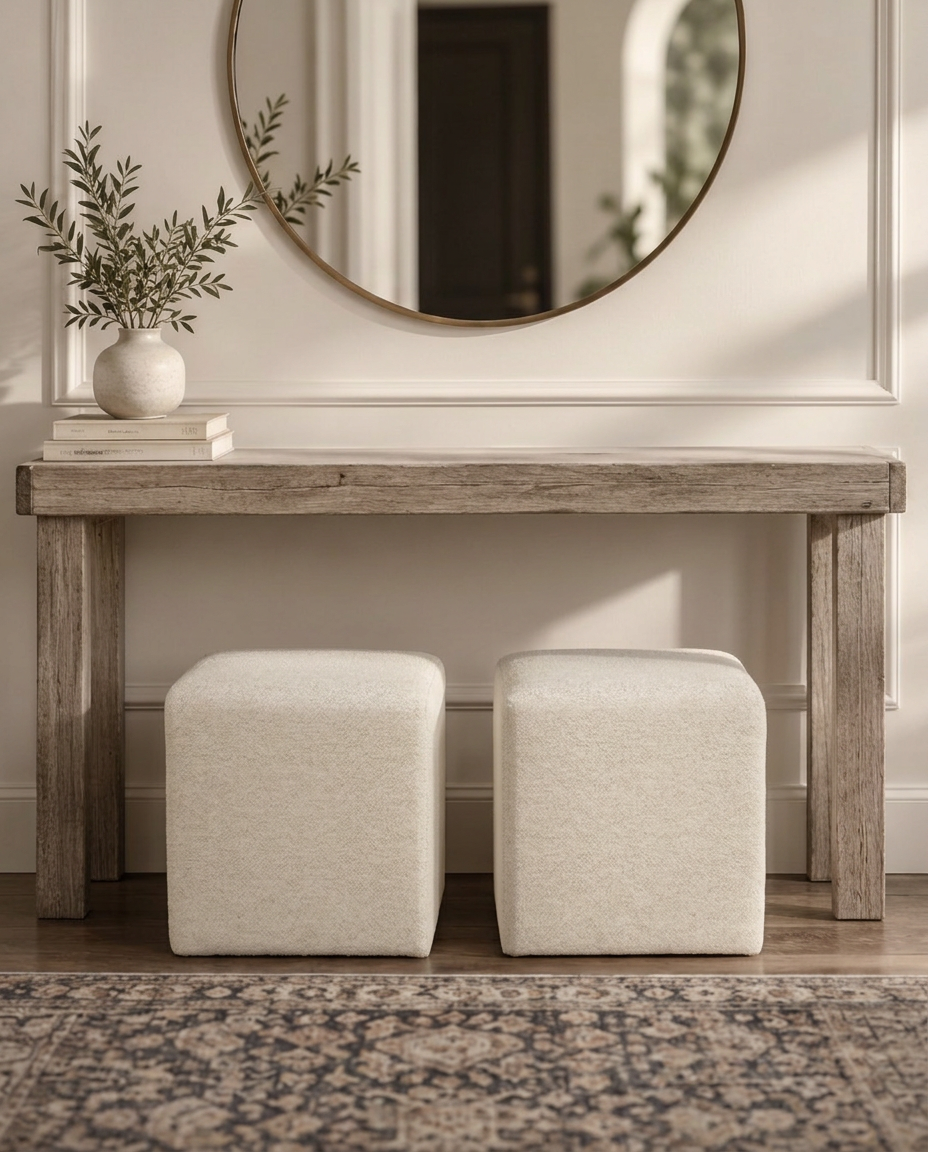 An open-bottom wood entry console with a small vase and two ivory stools before styling