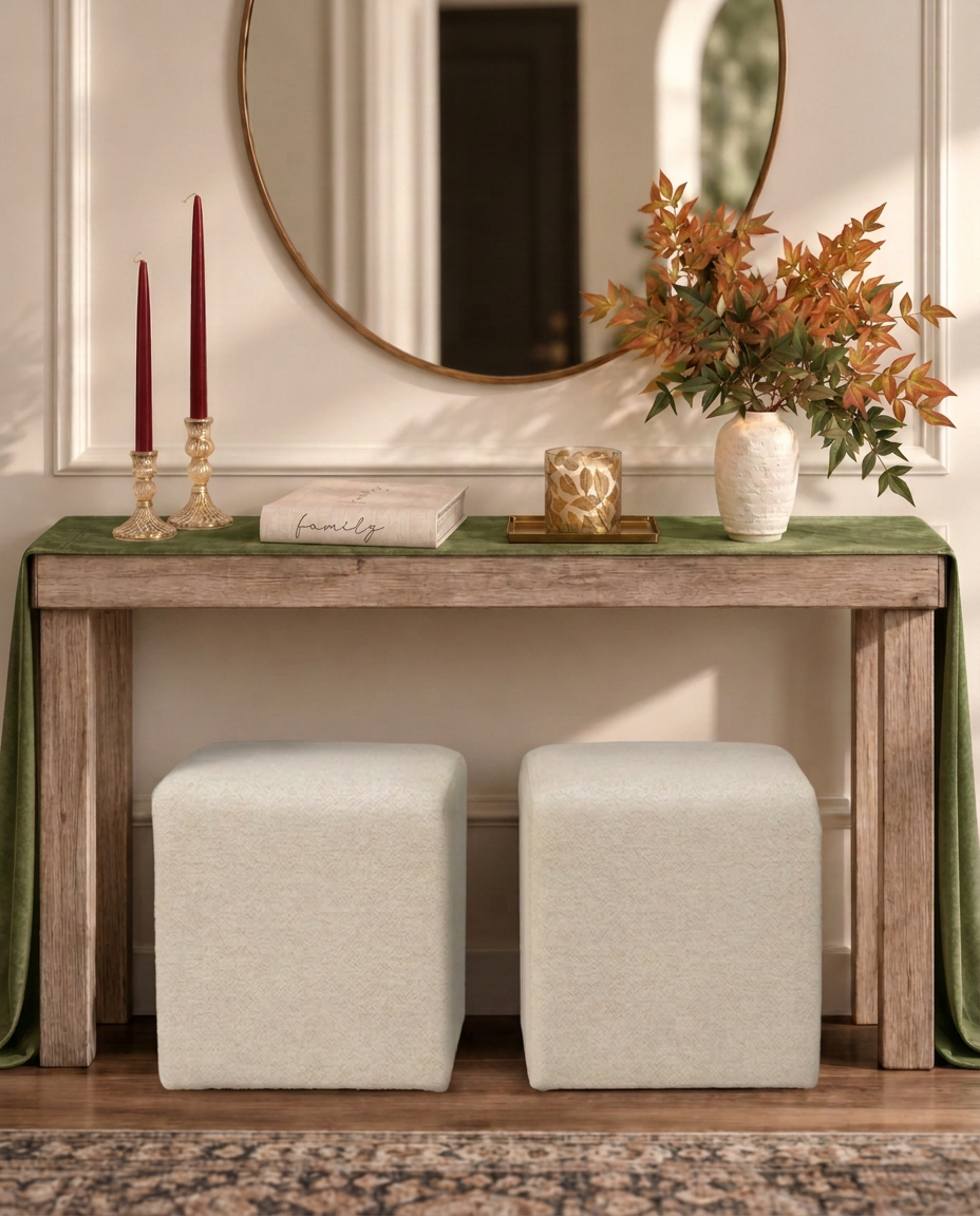 The same console styled for Golden Hour with an emerald velvet runner, tapers, a glowing gold-leaf hurricane and autumn branches