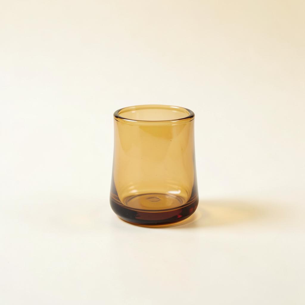 A small amber smoked glass hurricane holder on an ivory background