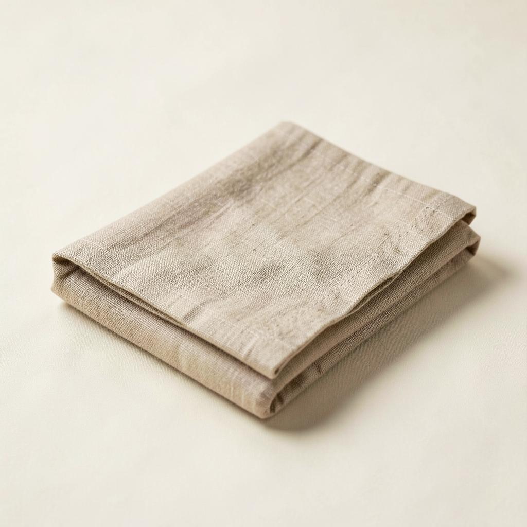 A folded oatmeal washed linen napkin on an ivory background