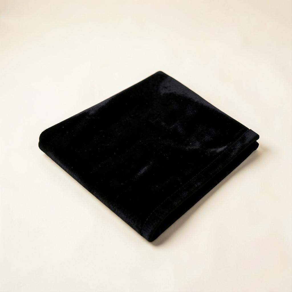 A folded black velvet table runner on an ivory background