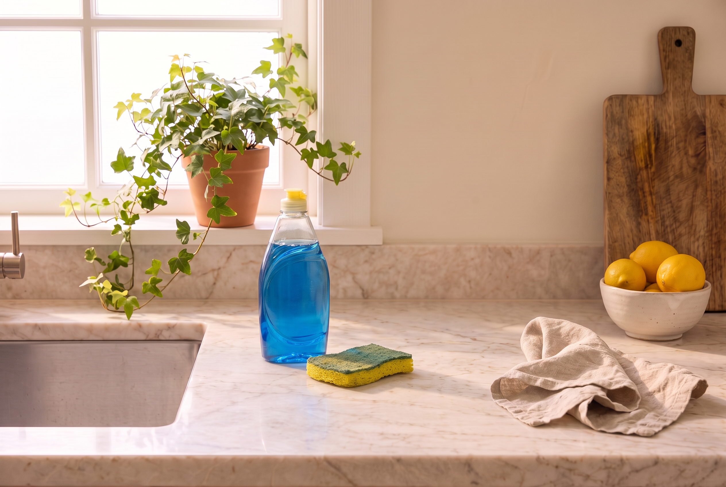 A lived-in marble kitchen sink with an everyday dish-soap bottle and sponge before styling