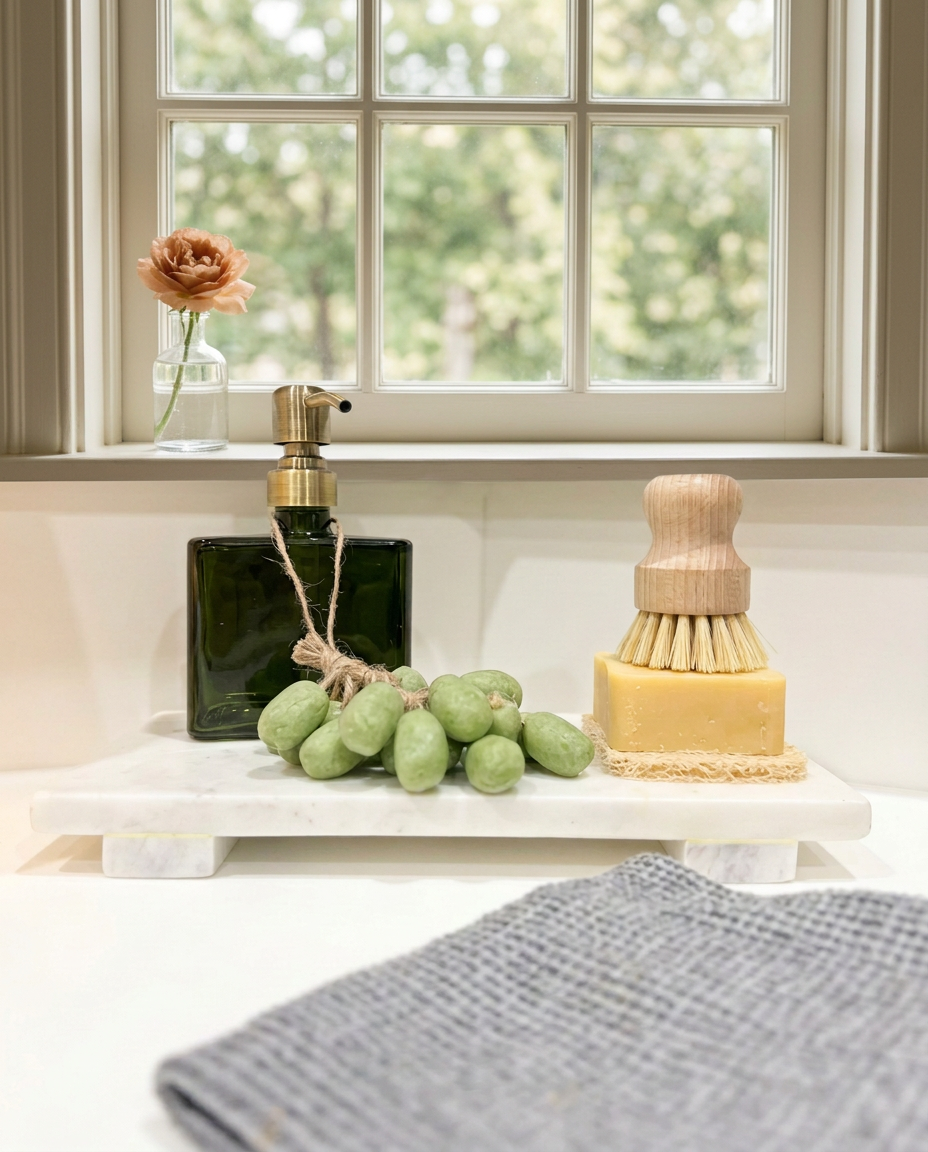 Sink Side essentials on a marble riser beside a flower, with leafy trees outside the kitchen window