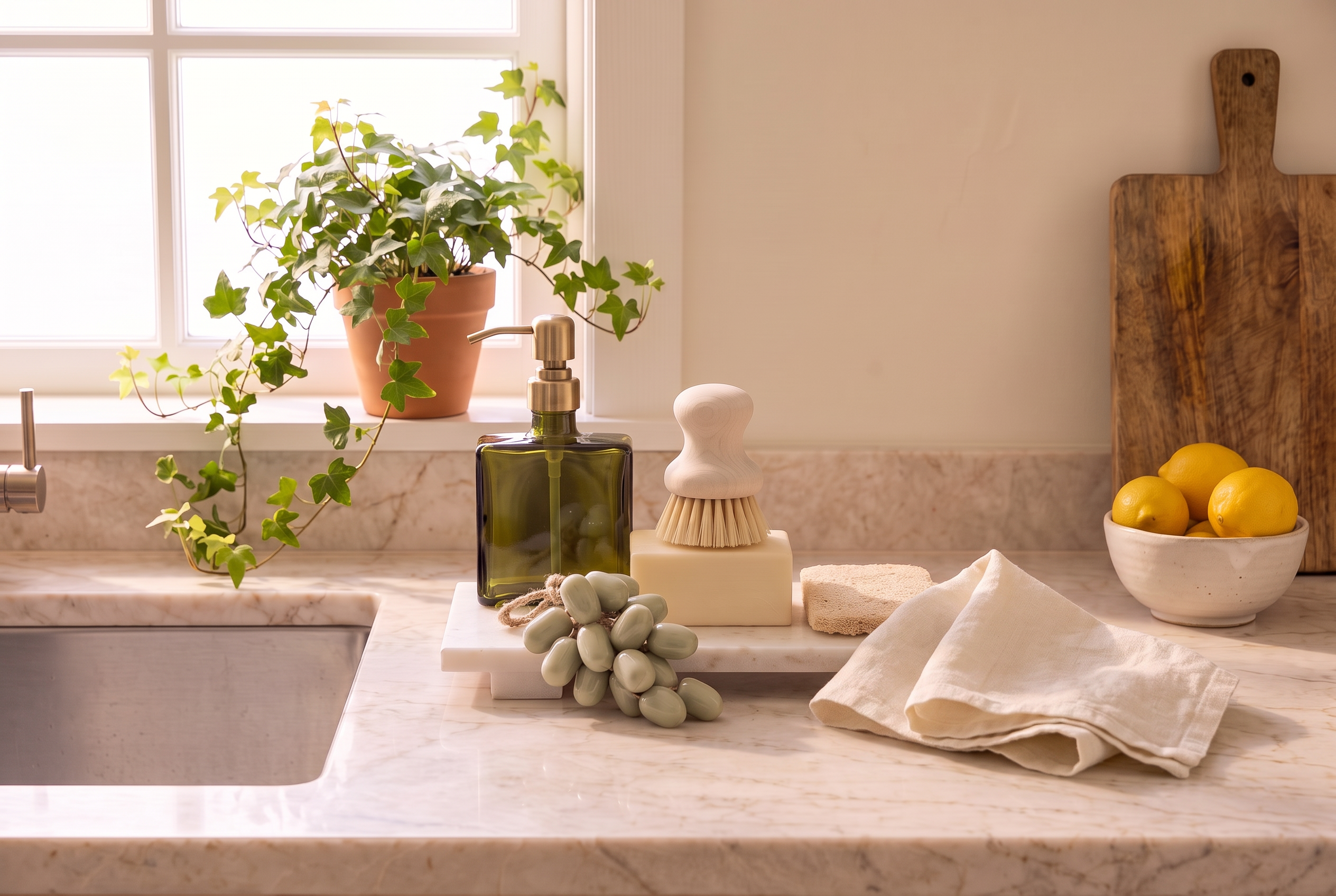 The same kitchen sink styled with the Sink Side signature everyday box — marble tray, olive glass dispenser, teakwood brush and sage soap grapes among everyday kitchen life