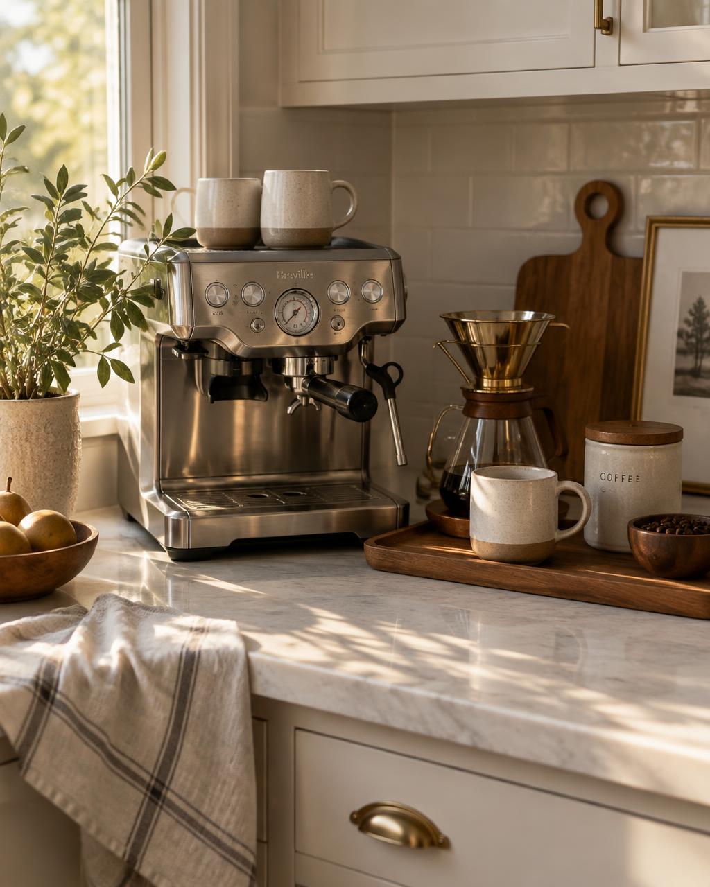 A coffee bar styled with a bronze pour-over dripper and ceramics