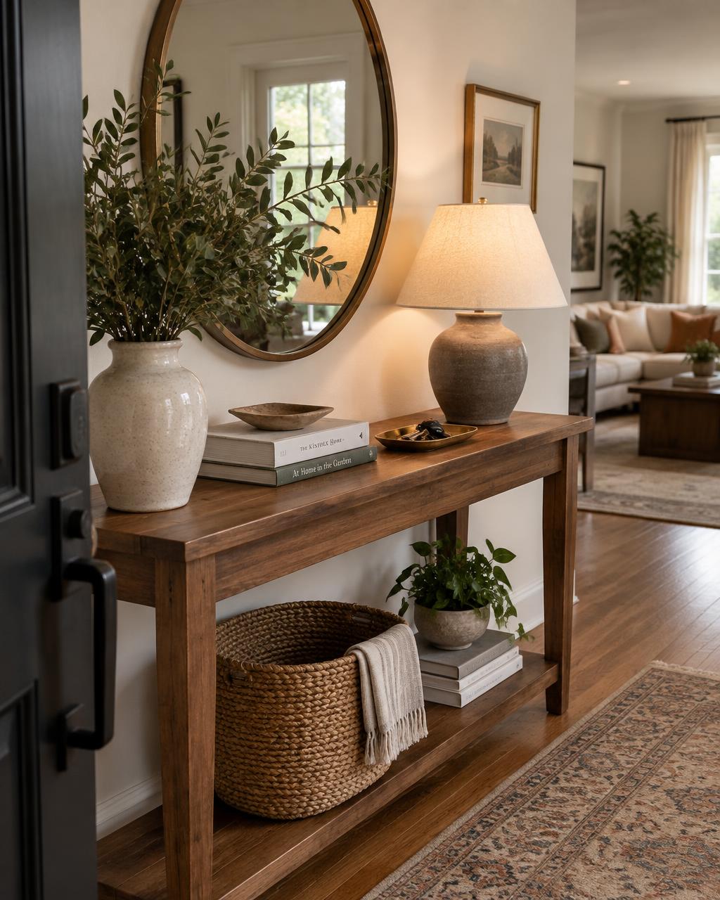 An entry console styled with a vessel, tray and stacked books
