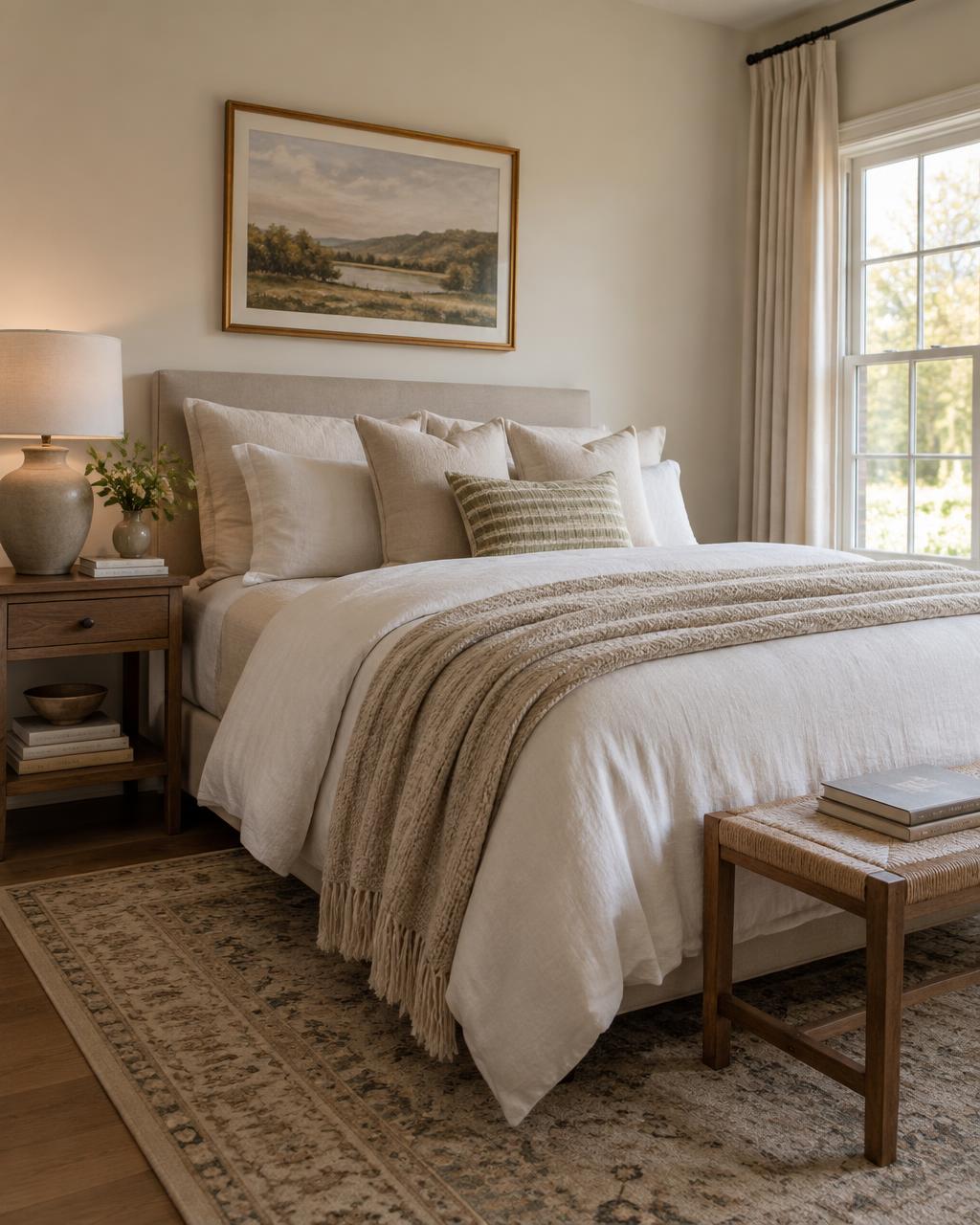 A guest room detail styled with folded knit textiles