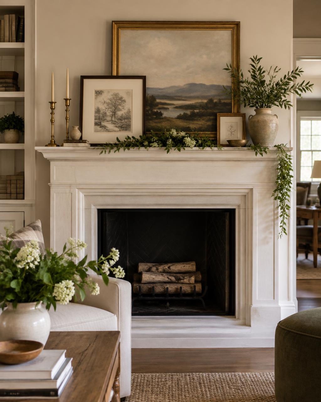 A mantel styled with layered art, candlesticks and greenery