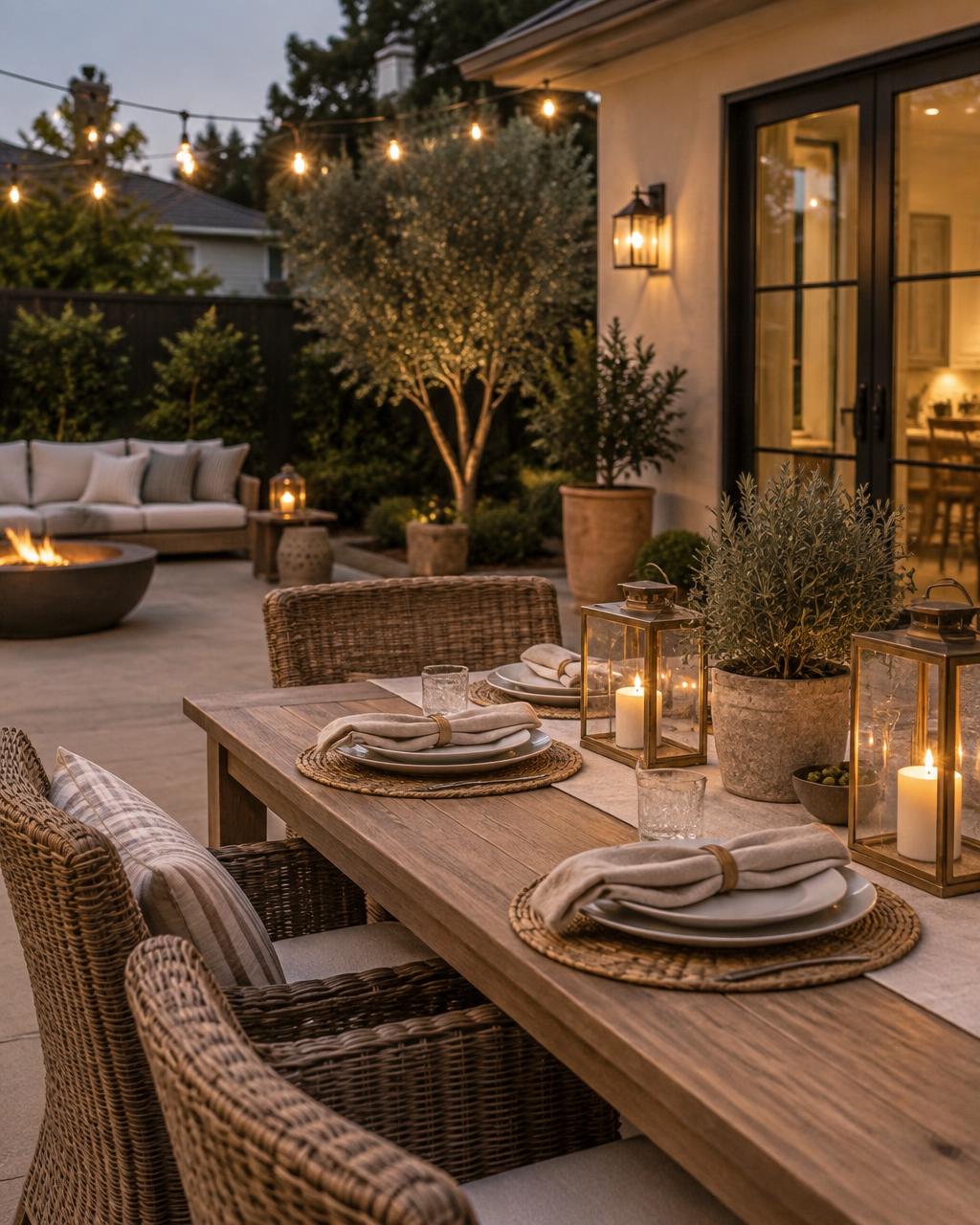 A patio table styled with lanterns and natural textures