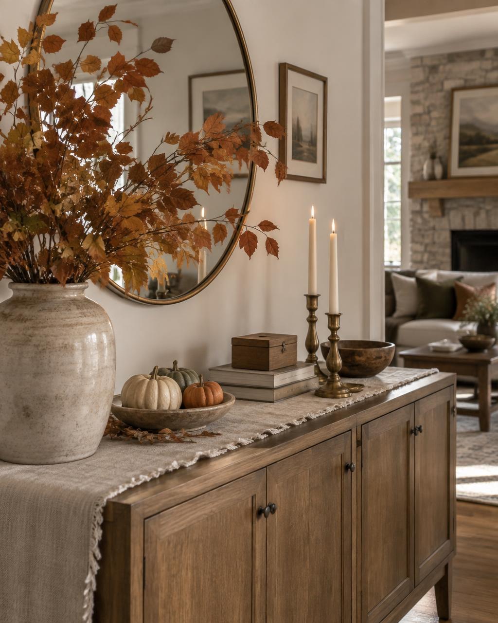 A seasonal styled vignette with fresh blooms and warm neutrals