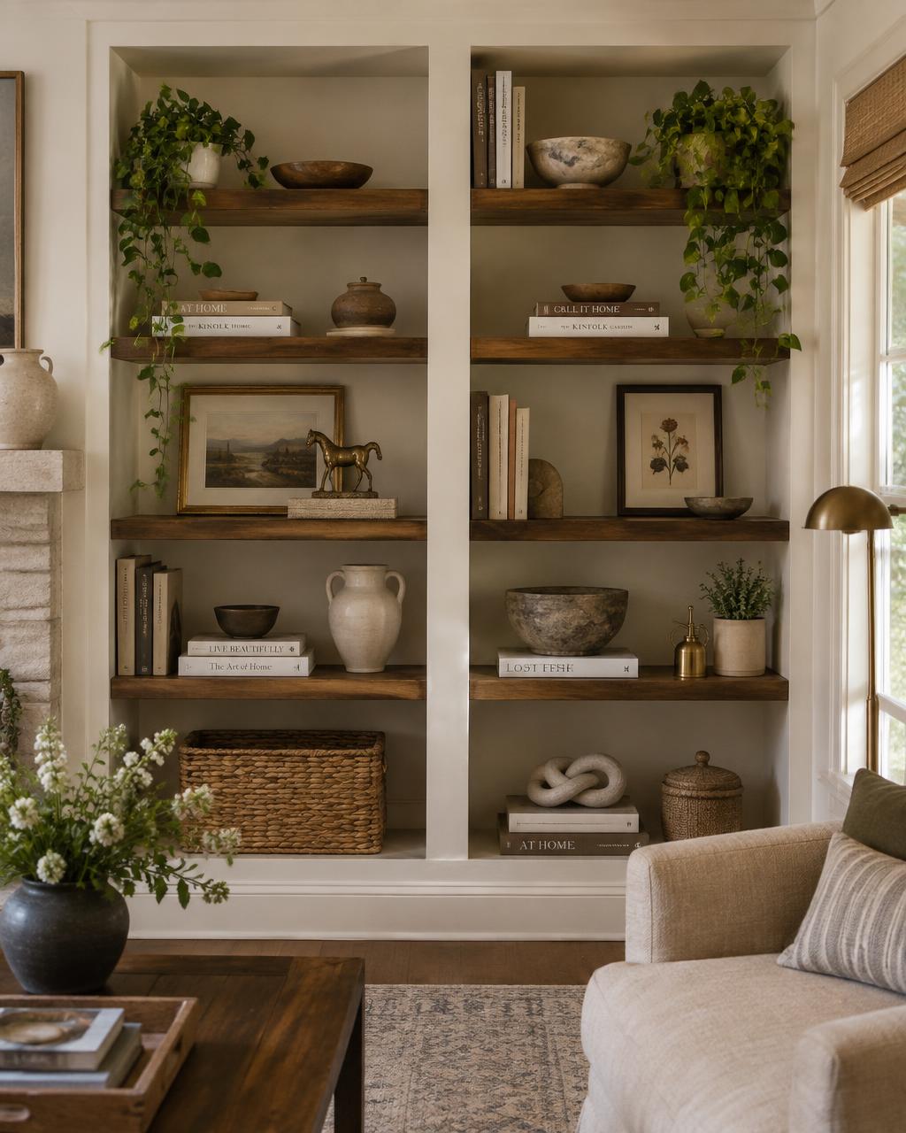 An open shelf styled with ceramics and stacked books